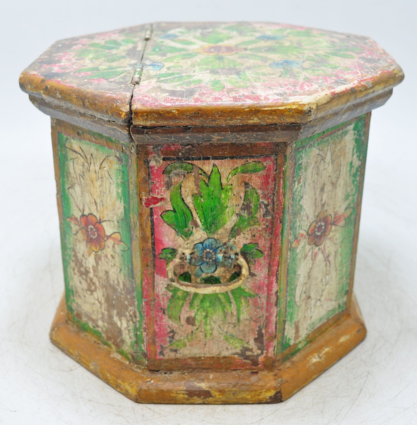 Vintage Wooden Octagonal Storage Box Original Old Hand Crafted Painted