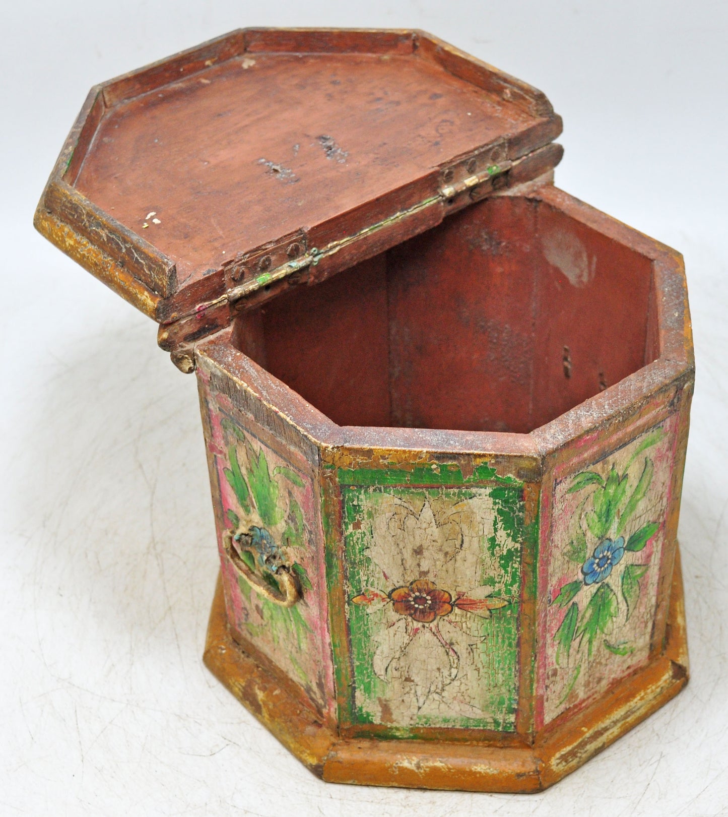 Vintage Wooden Octagonal Storage Box Original Old Hand Crafted Painted