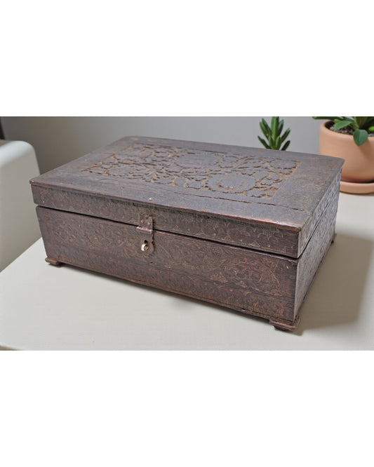 Antique Wooden Merchants Cash Chest Box Original Old Fine Hand Carved