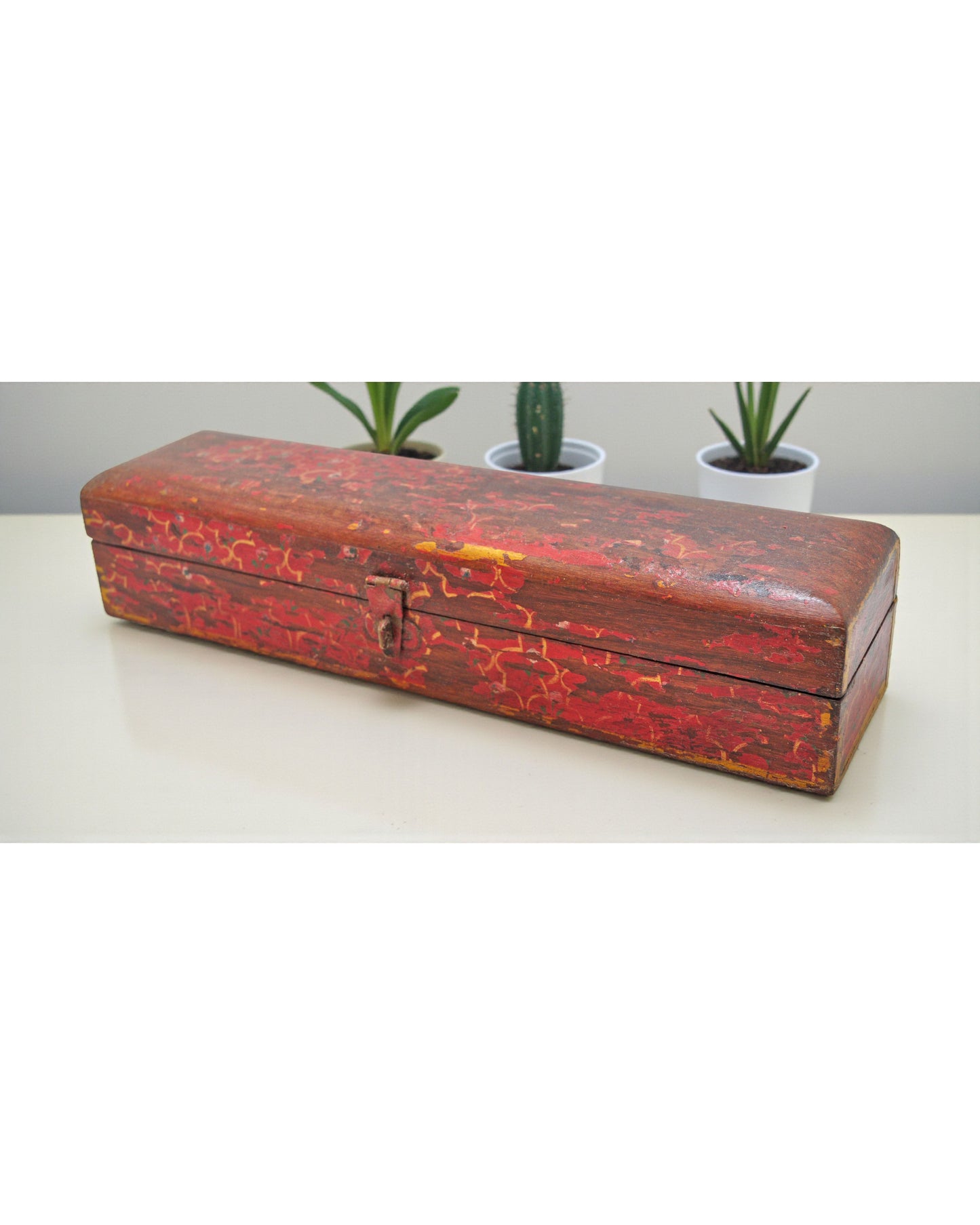 Vintage Wooden Long Pencil Stationary Box Original Old Hand Crafted Painted