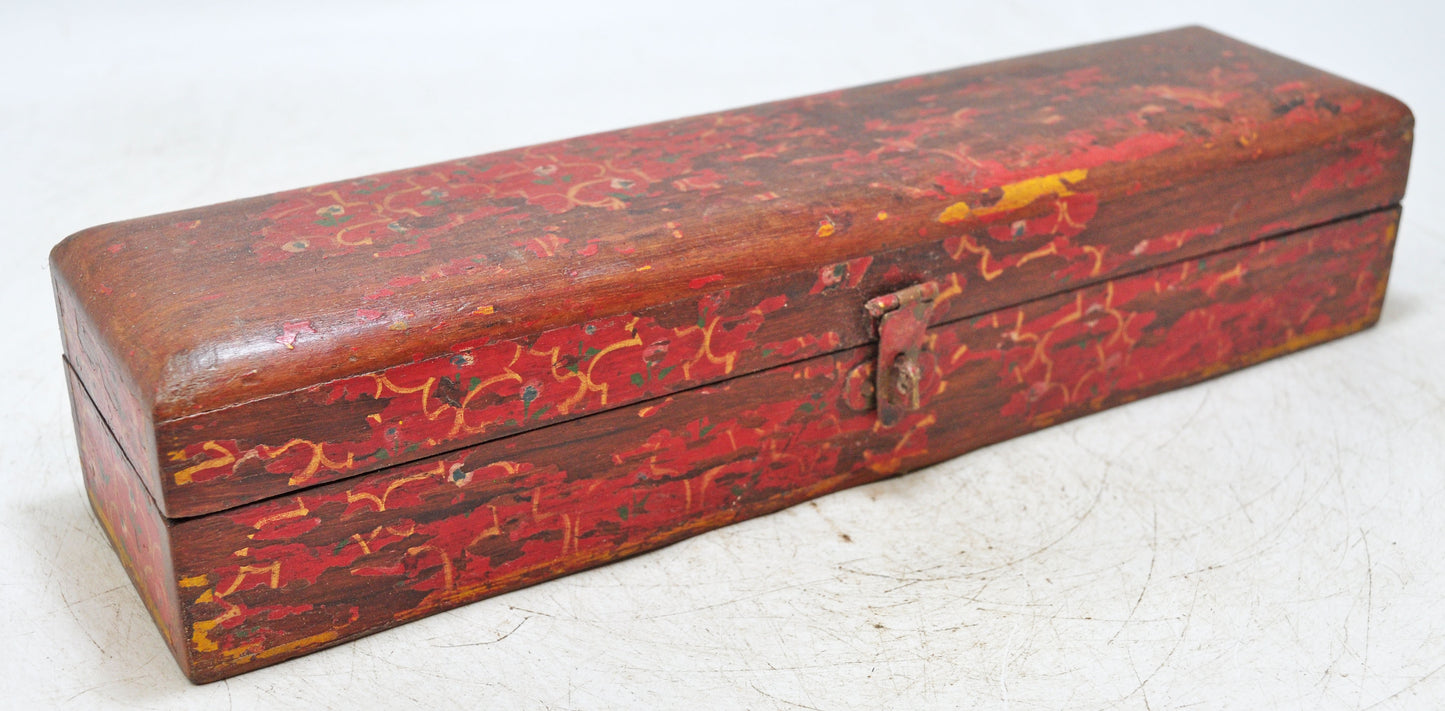 Vintage Wooden Long Pencil Stationary Box Original Old Hand Crafted Painted