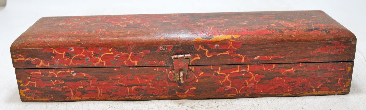 Vintage Wooden Long Pencil Stationary Box Original Old Hand Crafted Painted