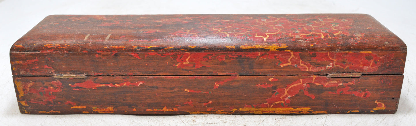 Vintage Wooden Long Pencil Stationary Box Original Old Hand Crafted Painted
