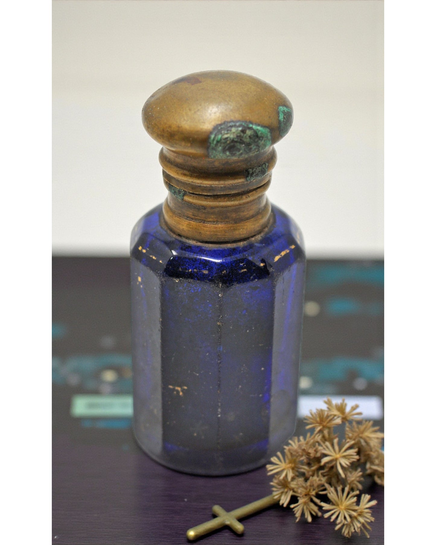 Antique Blue Glass Perfume Bottle Original Old Hand Crafted Brass Cap