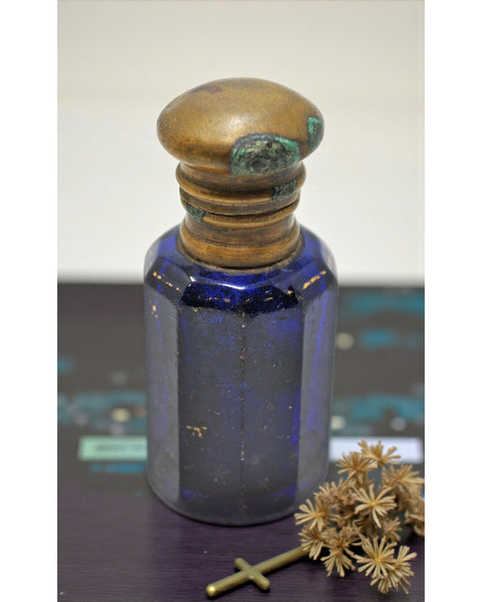 Antique Blue Glass Perfume Bottle Original Old Hand Crafted Brass Cap