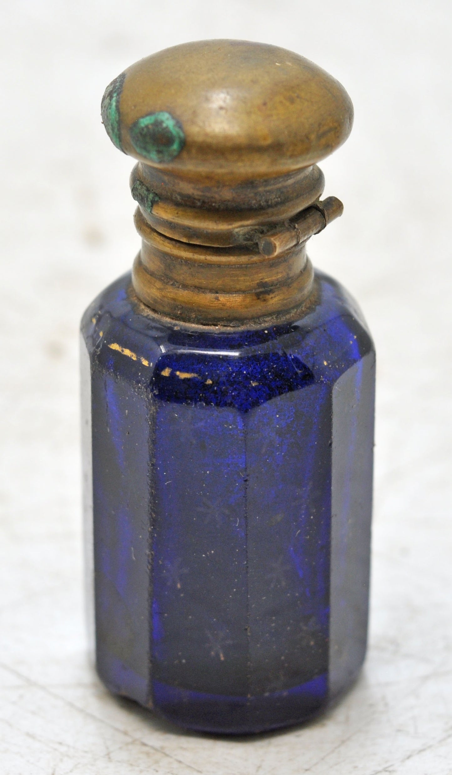 Antique Blue Glass Perfume Bottle Original Old Hand Crafted Brass Cap