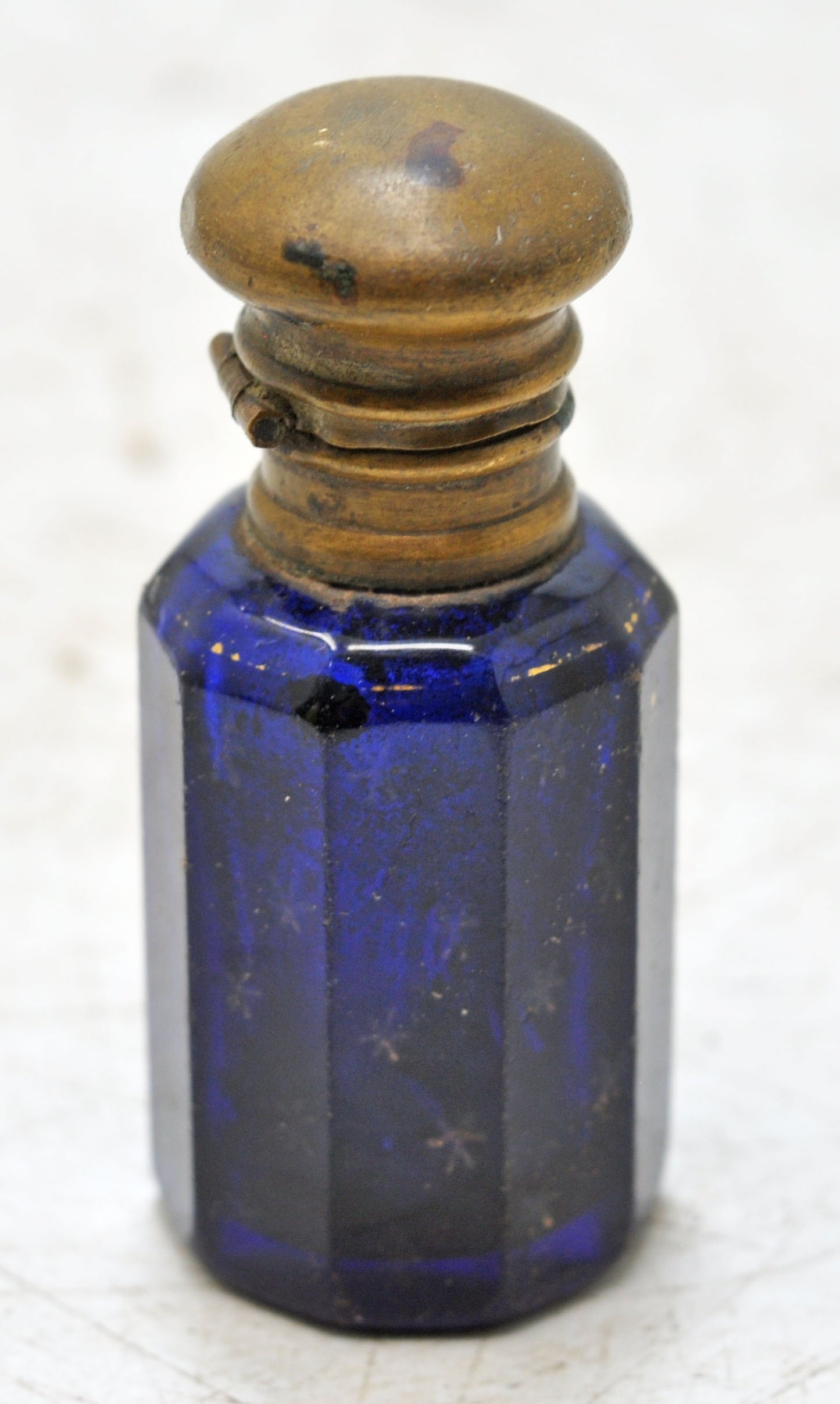 Antique Blue Glass Perfume Bottle Original Old Hand Crafted Brass Cap
