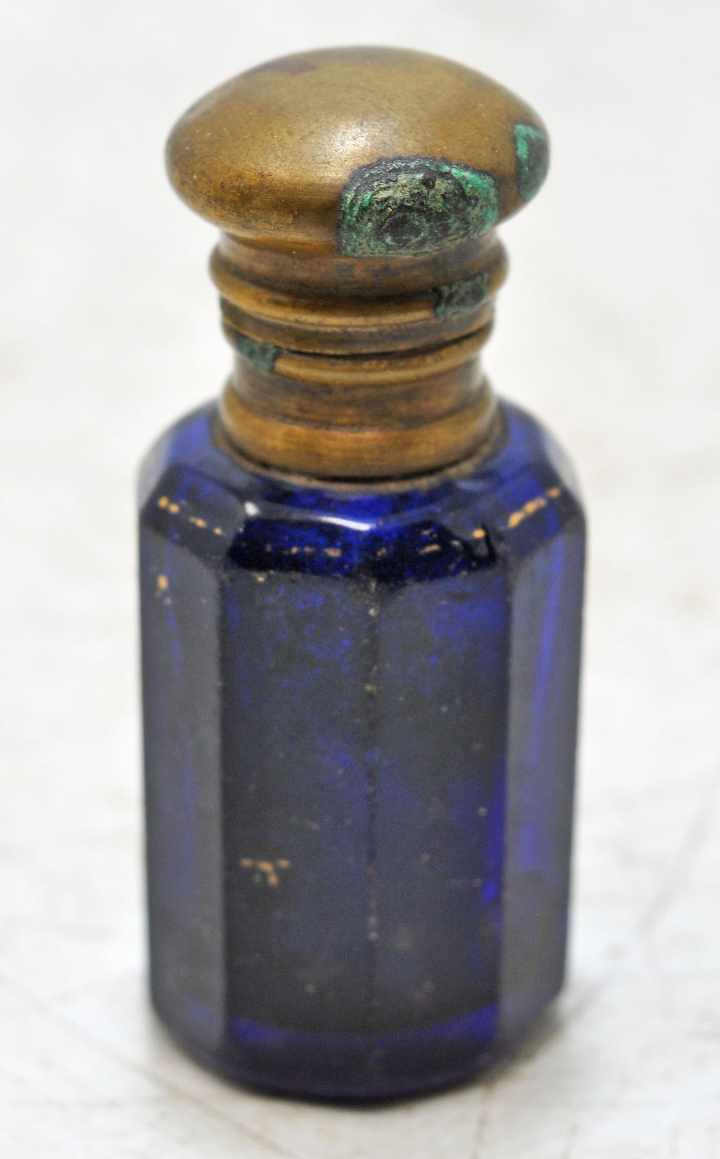 Antique Blue Glass Perfume Bottle Original Old Hand Crafted Brass Cap
