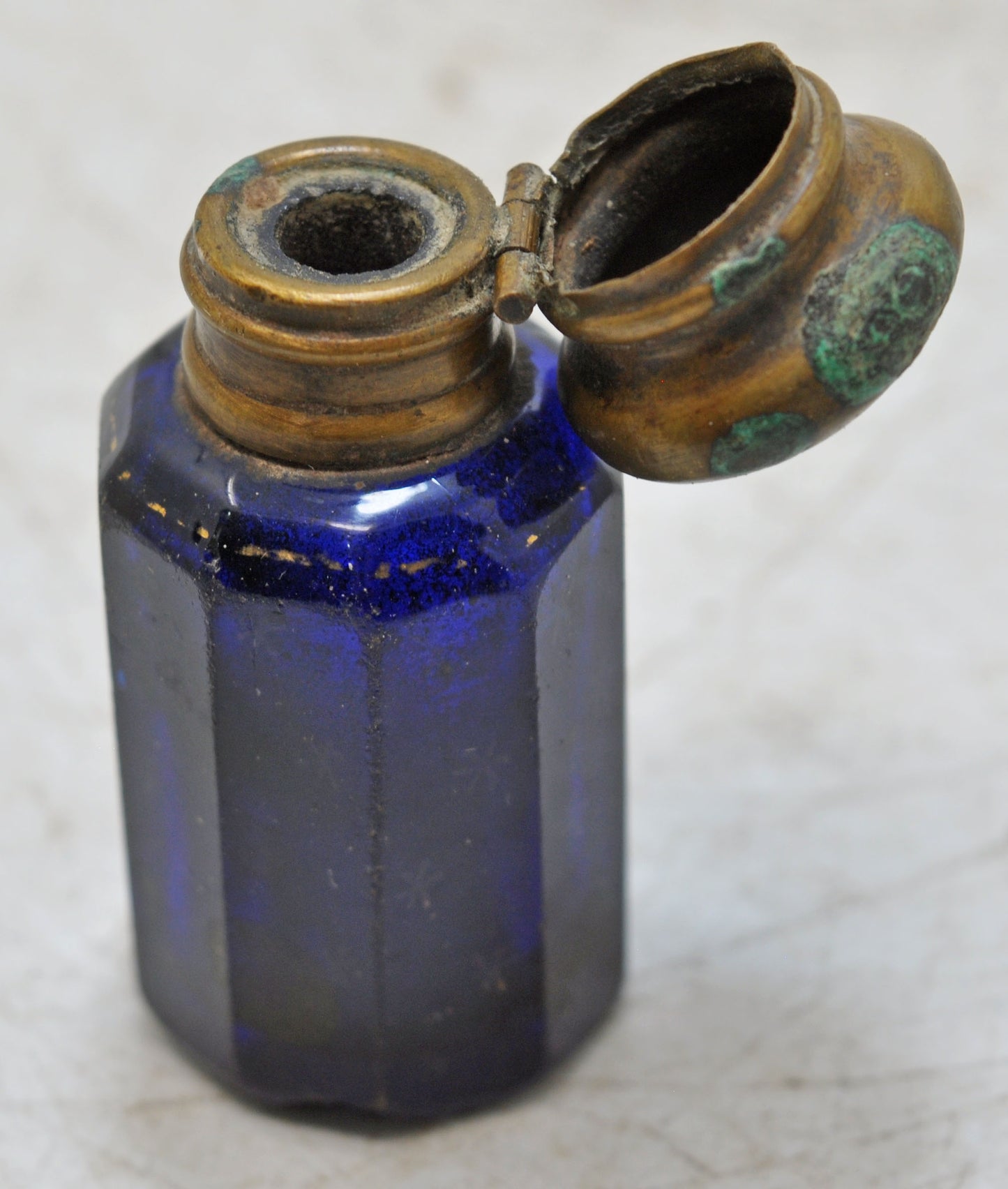 Antique Blue Glass Perfume Bottle Original Old Hand Crafted Brass Cap