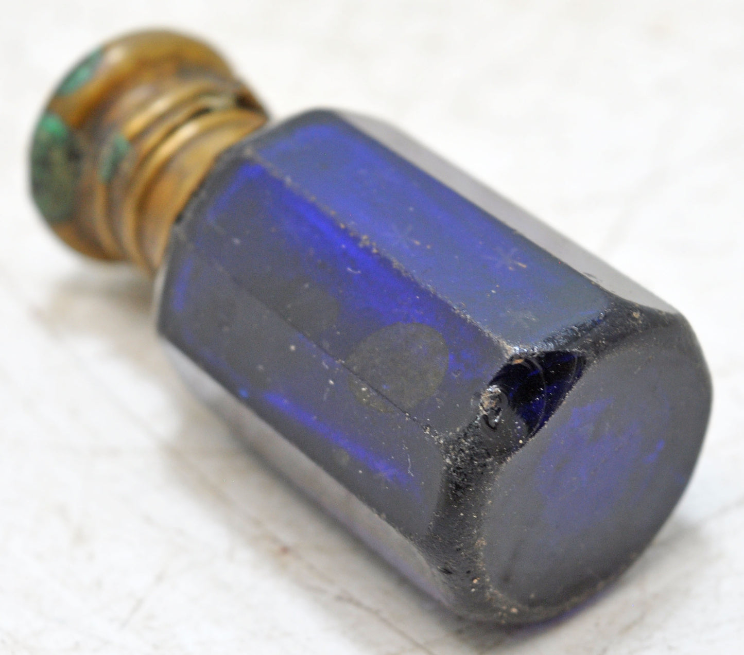 Antique Blue Glass Perfume Bottle Original Old Hand Crafted Brass Cap