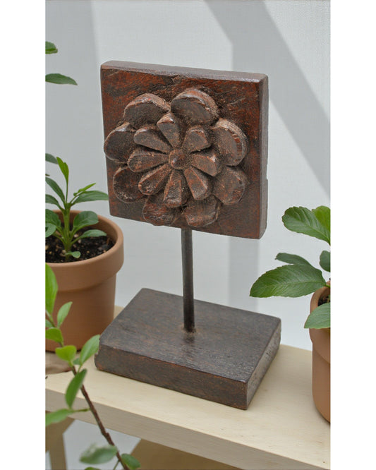 Antique Wooden Floral Carving Plaque on Stand Original Old Hand Carved