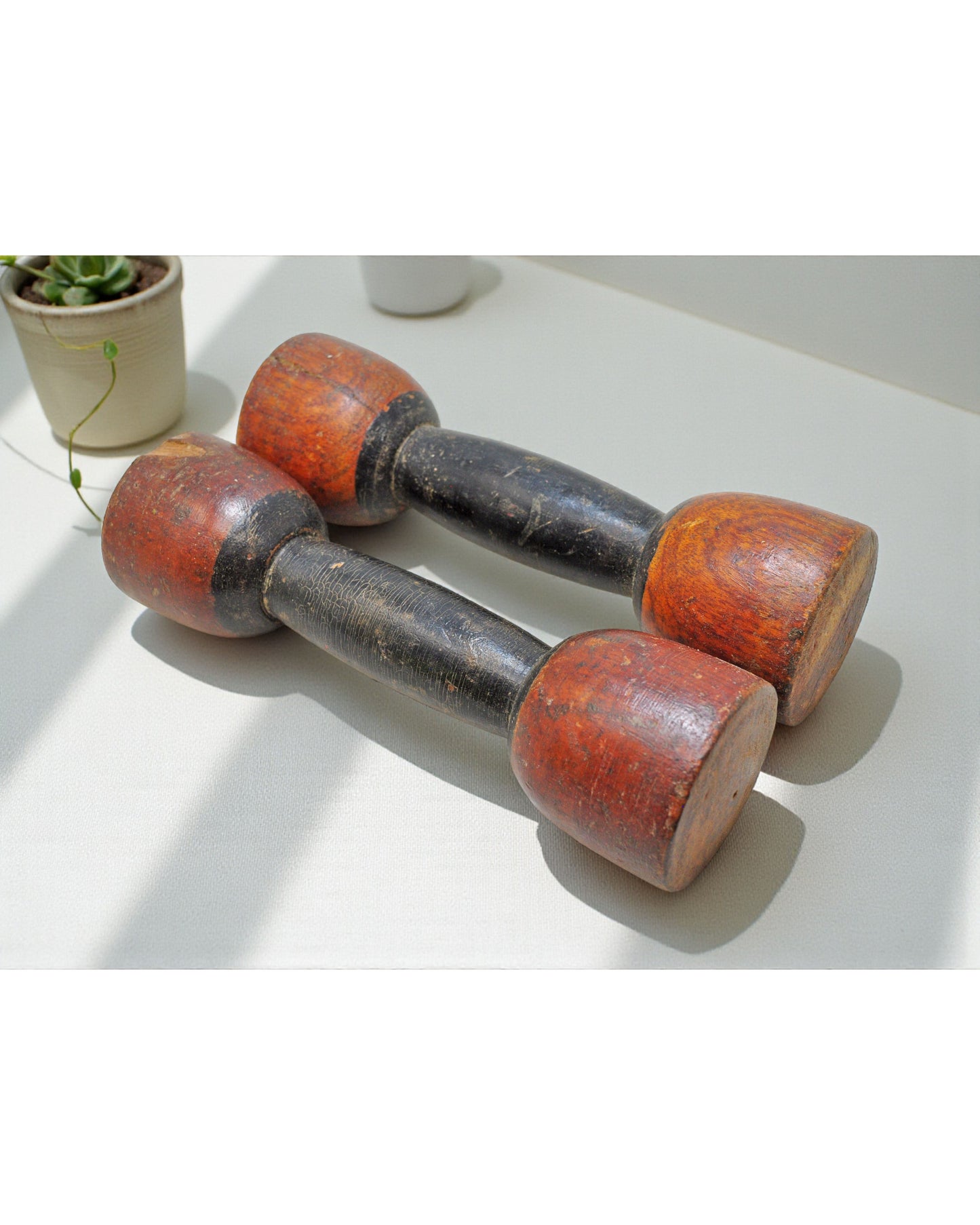 Vintage Wooden Childrens Dumb Bells Original Old Hand Carved