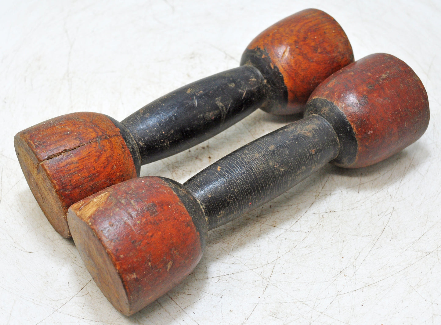 Vintage Wooden Childrens Dumb Bells Original Old Hand Carved