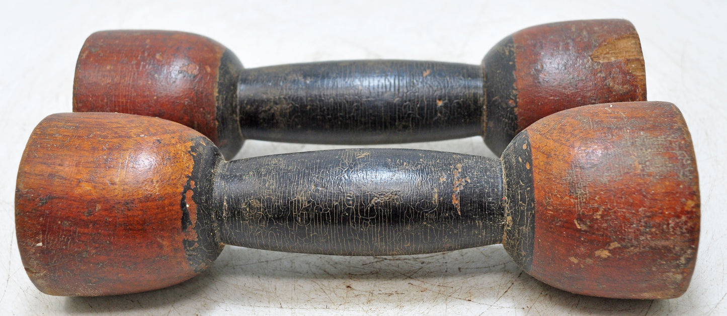 Vintage Wooden Childrens Dumb Bells Original Old Hand Carved