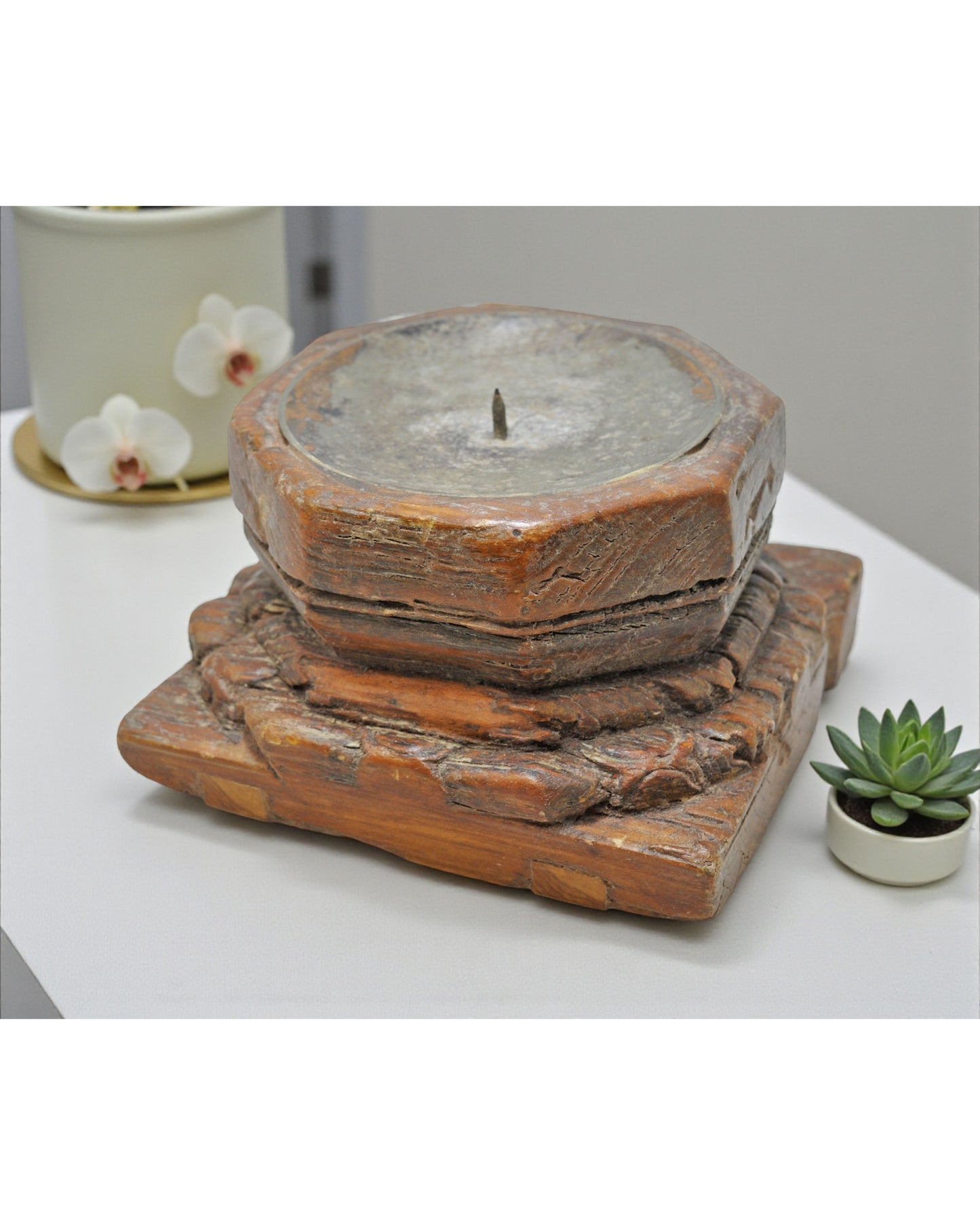 Antique Wooden Base Candle Holder Stand Original Old Hand Carved