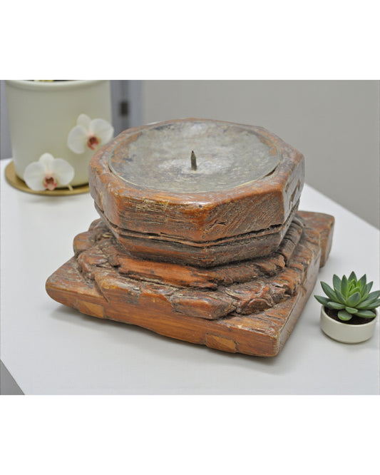 Antique Wooden Base Candle Holder Stand Original Old Hand Carved