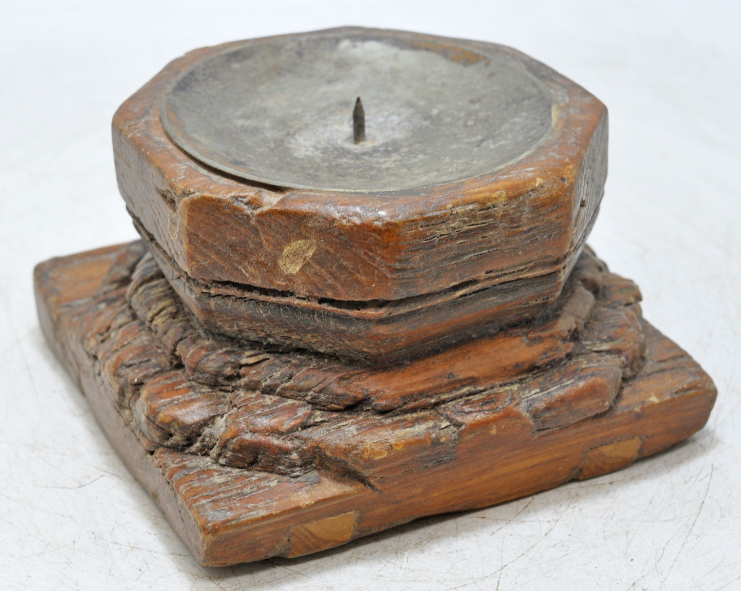 Antique Wooden Base Candle Holder Stand Original Old Hand Carved