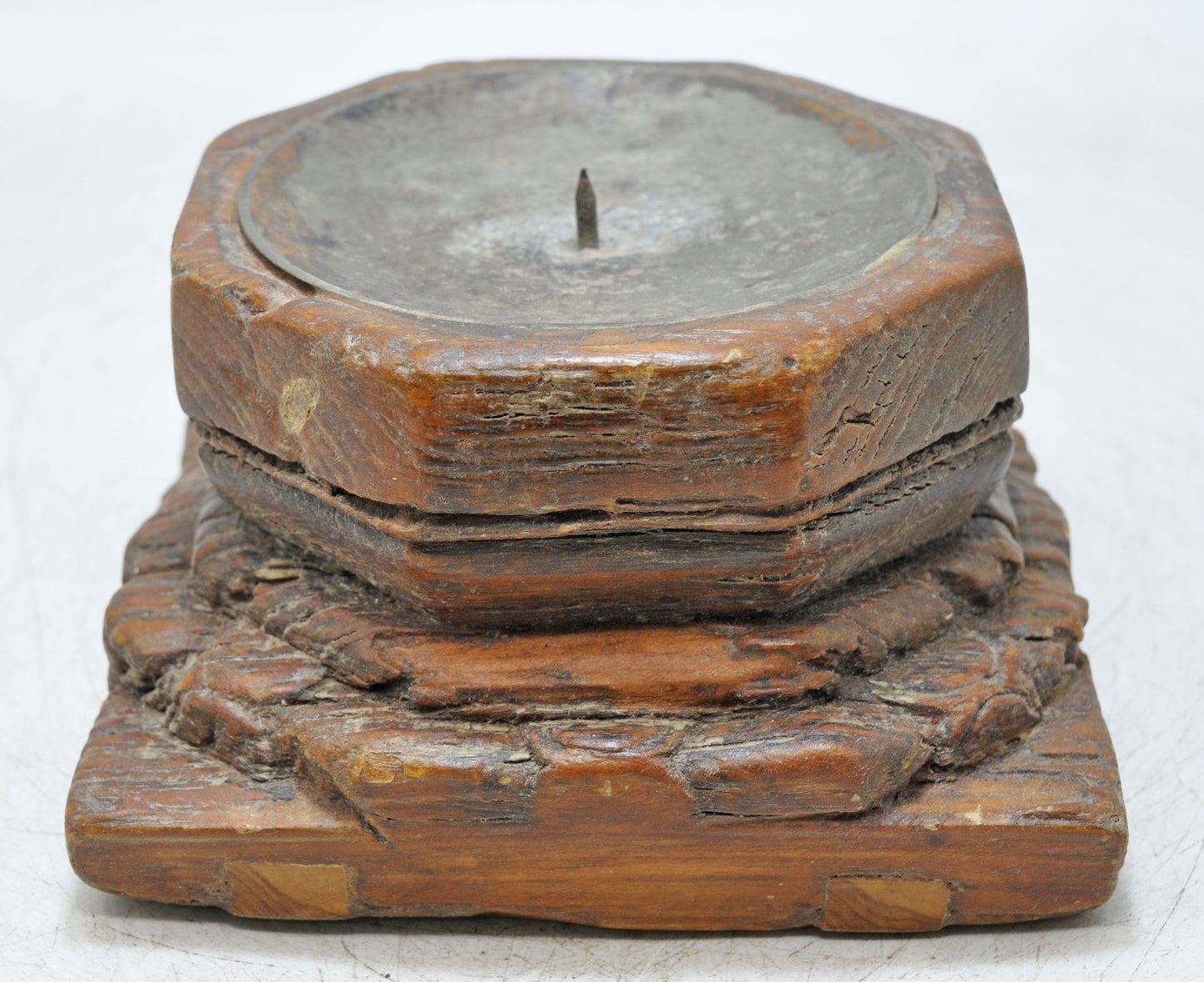 Antique Wooden Base Candle Holder Stand Original Old Hand Carved