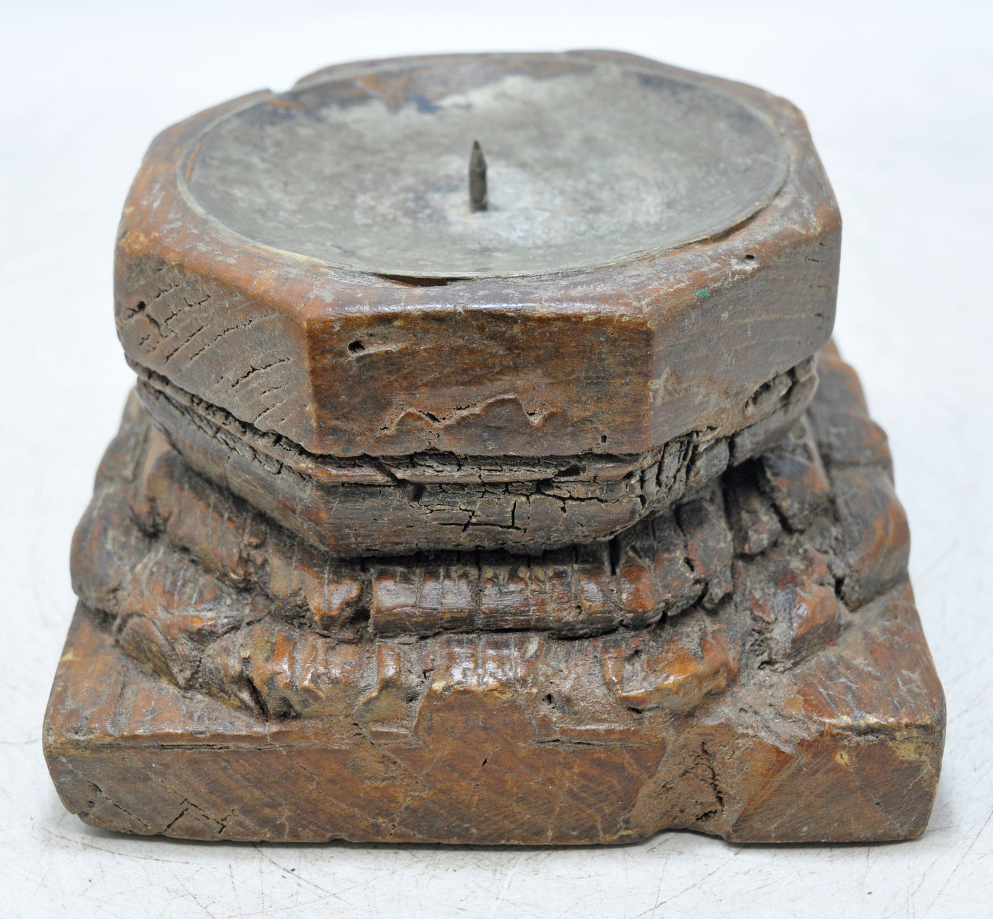 Antique Wooden Base Candle Holder Stand Original Old Hand Carved