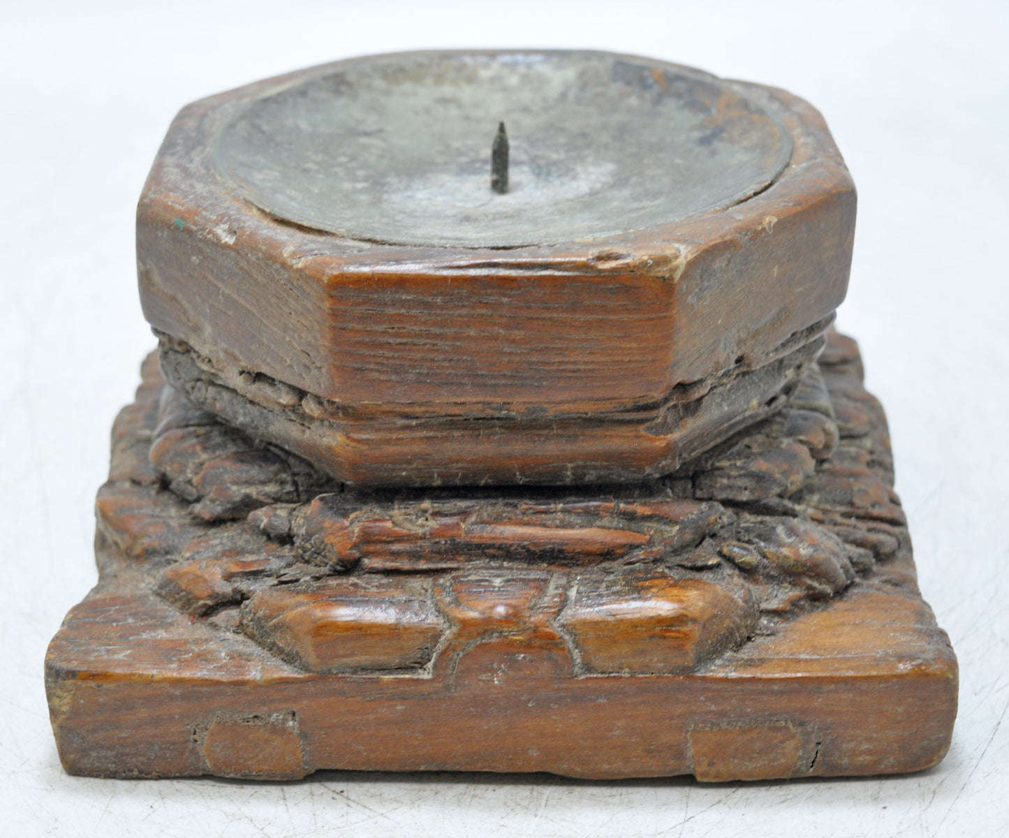 Antique Wooden Base Candle Holder Stand Original Old Hand Carved