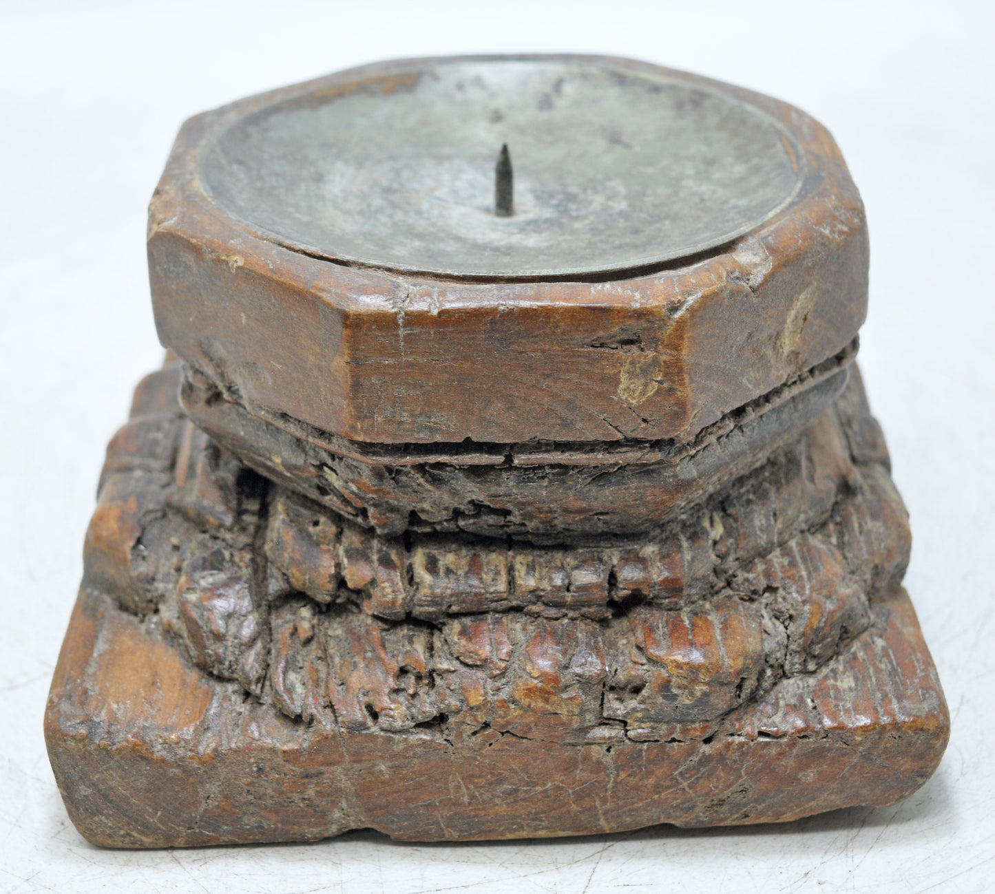 Antique Wooden Base Candle Holder Stand Original Old Hand Carved