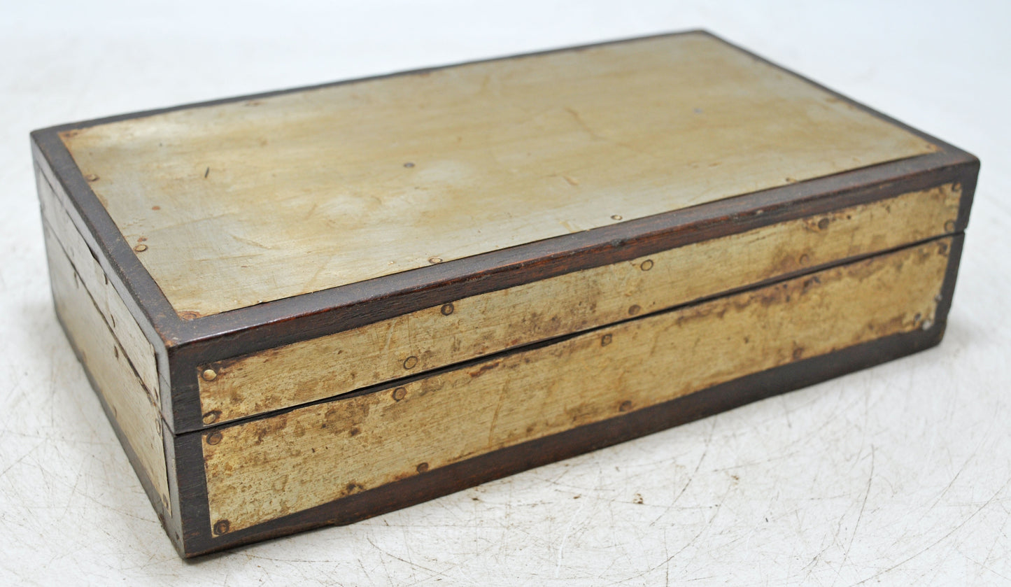 Vintage Wooden Storage Chest Box Original Old Hand Crafted White Metal Fitted