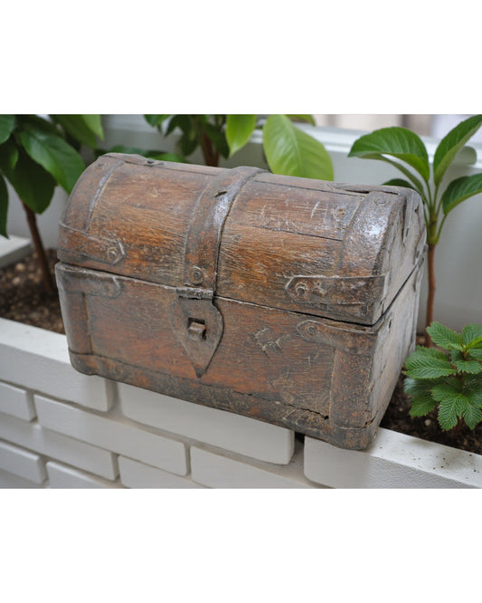 Vintage Wooden Half Round Top Small Storage Box Original Old Metal Fitted