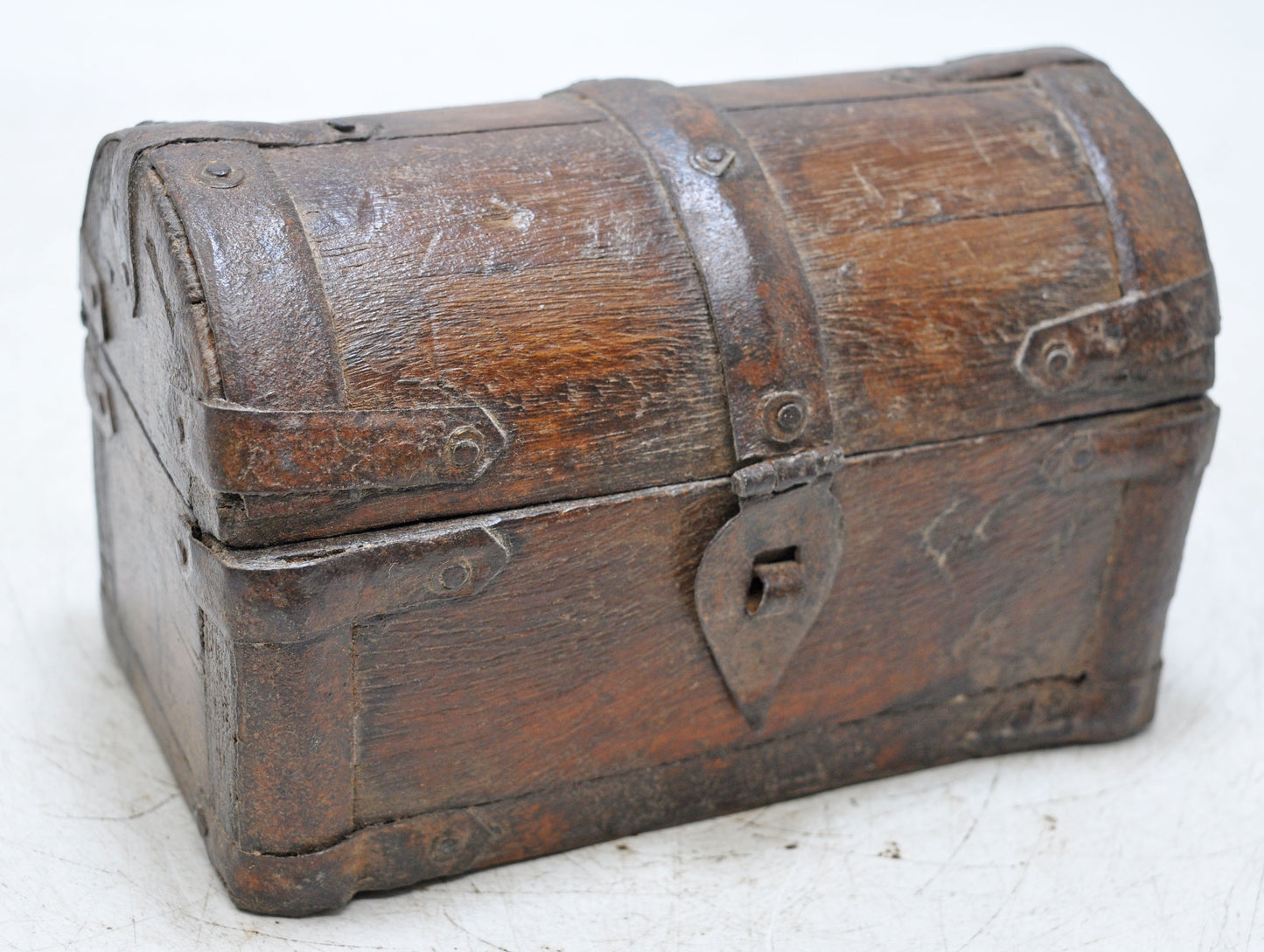 Vintage Wooden Half Round Top Small Storage Box Original Old Metal Fitted