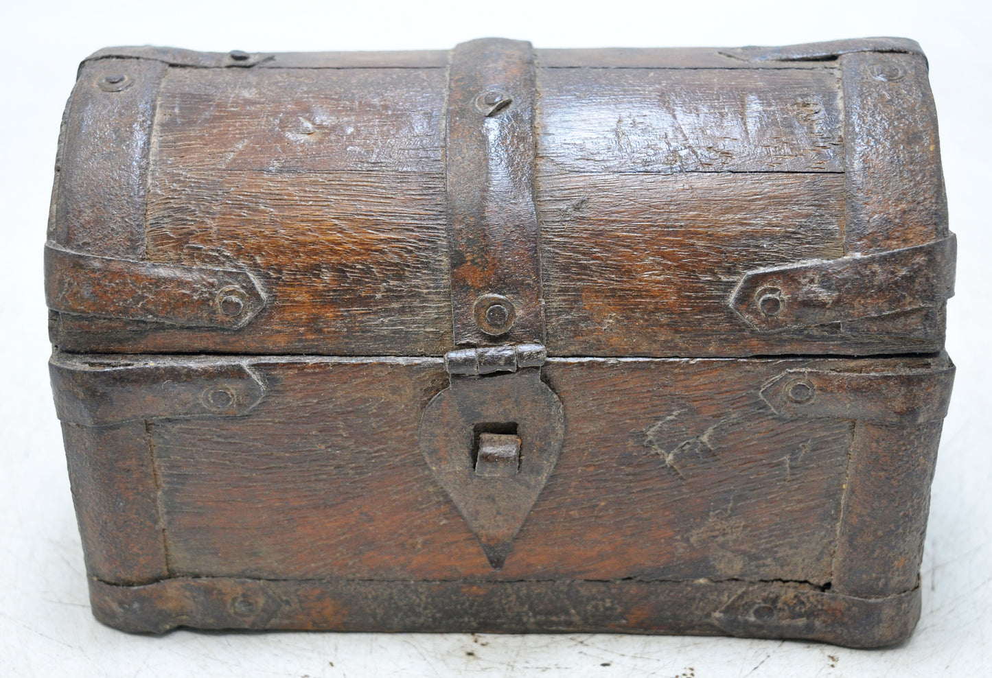 Vintage Wooden Half Round Top Small Storage Box Original Old Metal Fitted