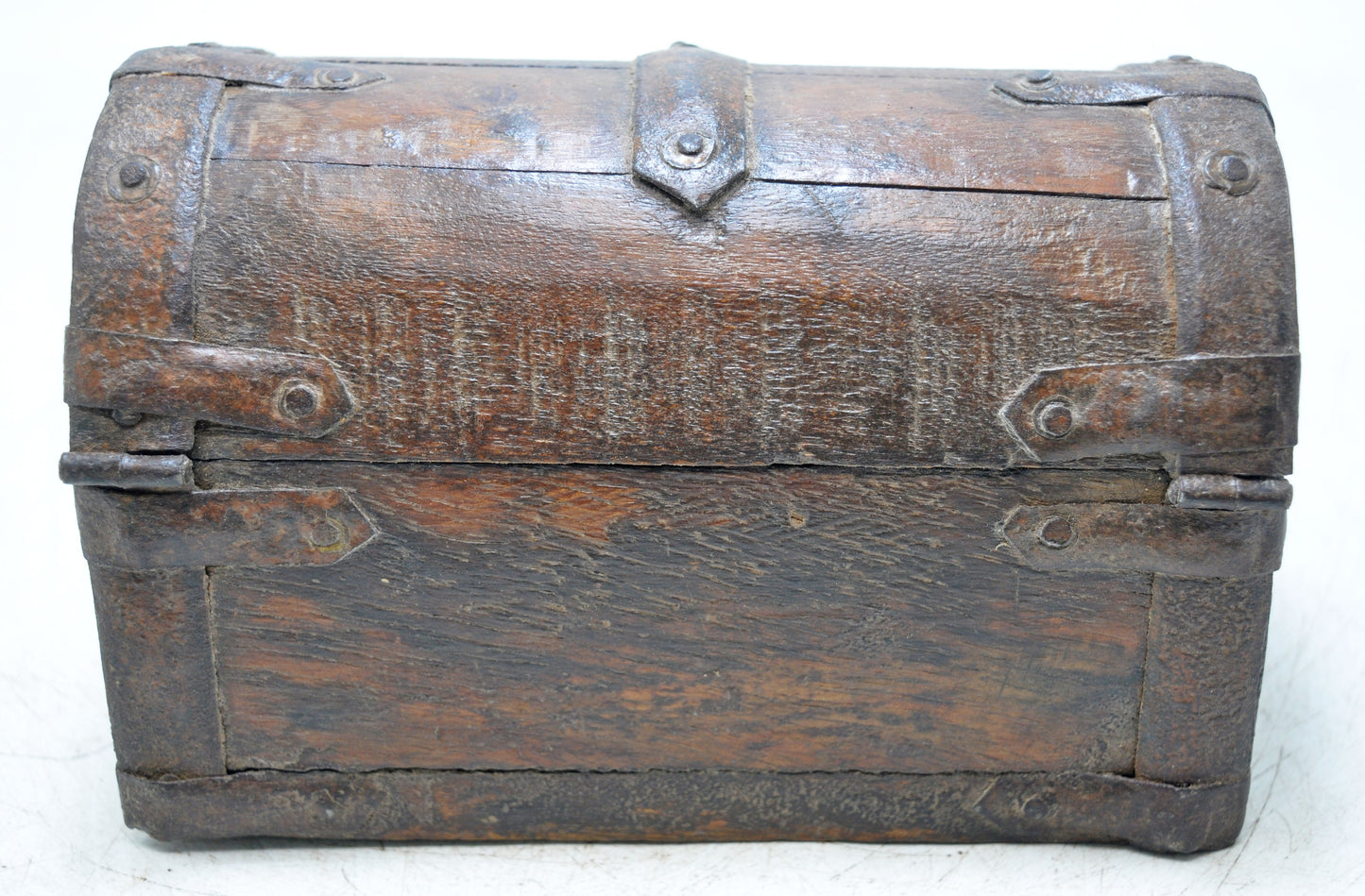 Vintage Wooden Half Round Top Small Storage Box Original Old Metal Fitted