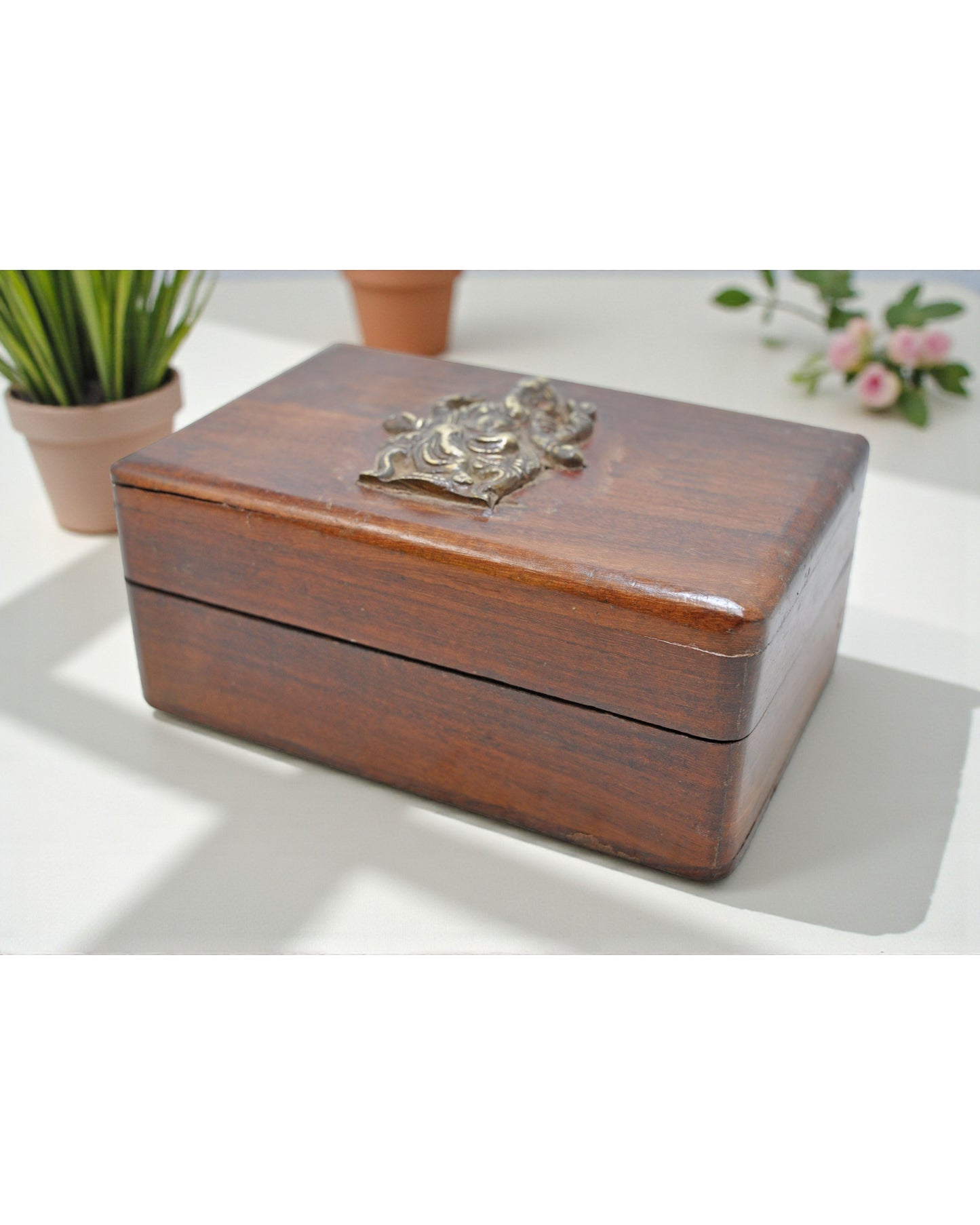 Vintage Wooden Small Storage Box Original Old Hand Crafted Brass Fitted