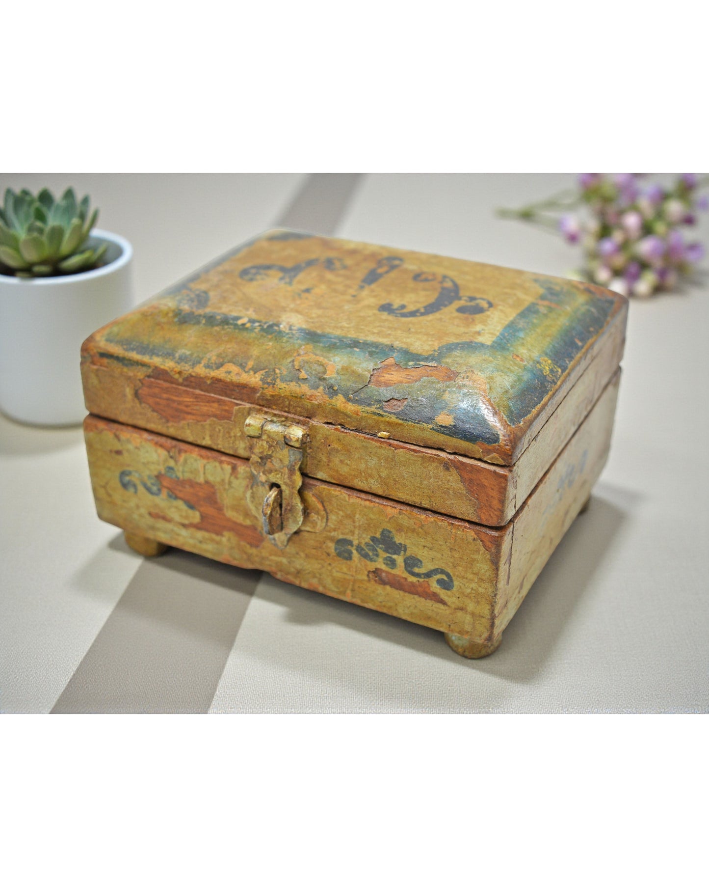 Vintage Wooden Small Storage Box Original Old Hand Crafted Painted