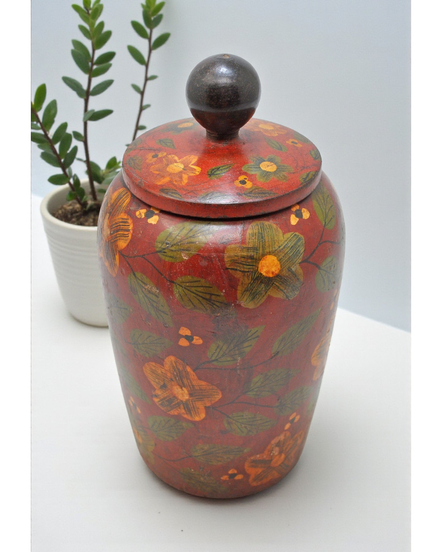 Vintage Wooden Tall Lacquer Painted Candy Box Original Old Hand Crafted