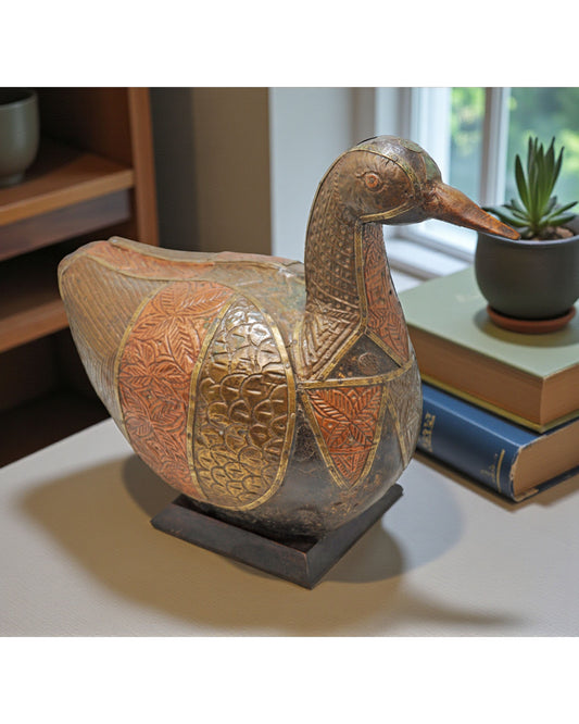 Vintage Wooden Bird Duck Figurine Original Old Hand Carved Brass Fitted