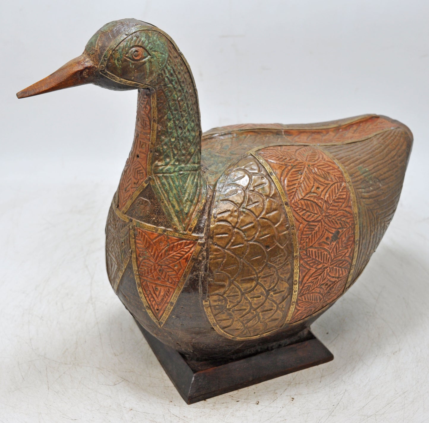 Vintage Wooden Bird Duck Figurine Original Old Hand Carved Brass Fitted