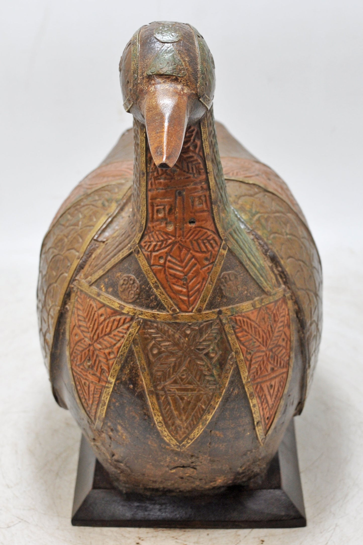 Vintage Wooden Bird Duck Figurine Original Old Hand Carved Brass Fitted