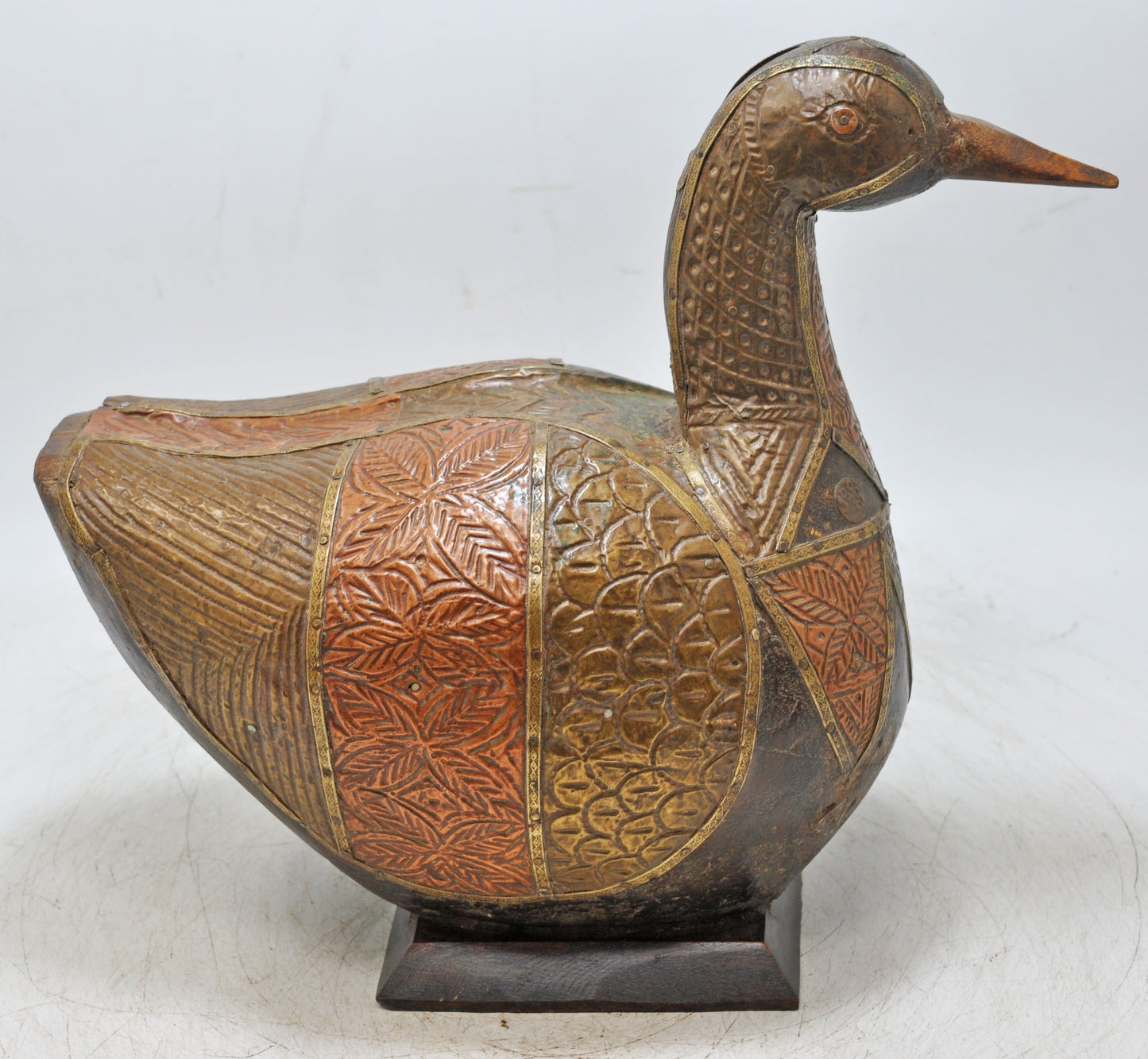 Vintage Wooden Bird Duck Figurine Original Old Hand Carved Brass Fitted