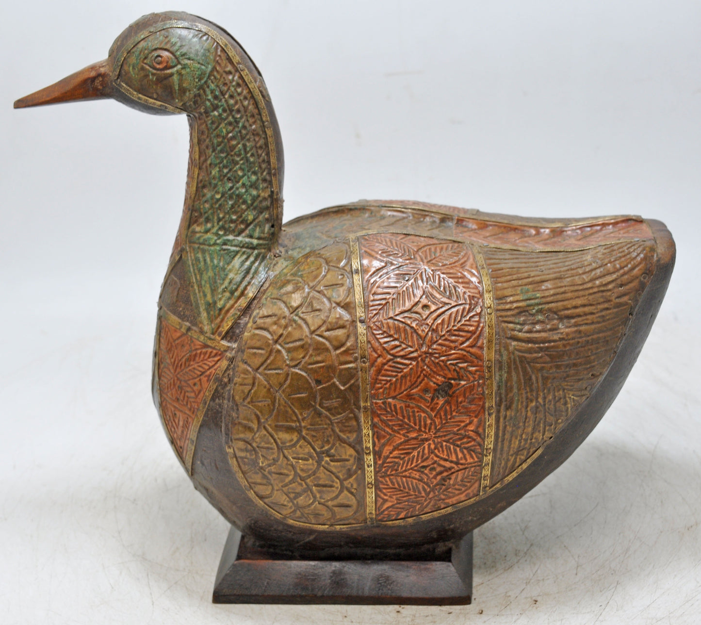 Vintage Wooden Bird Duck Figurine Original Old Hand Carved Brass Fitted