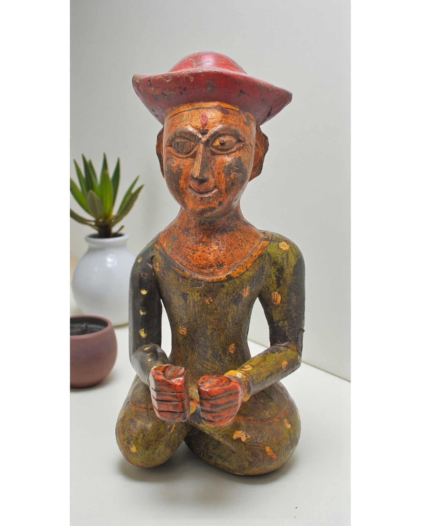 Vintage Wooden Musician Man Figurine Original Old Fine Hand Carved Painted