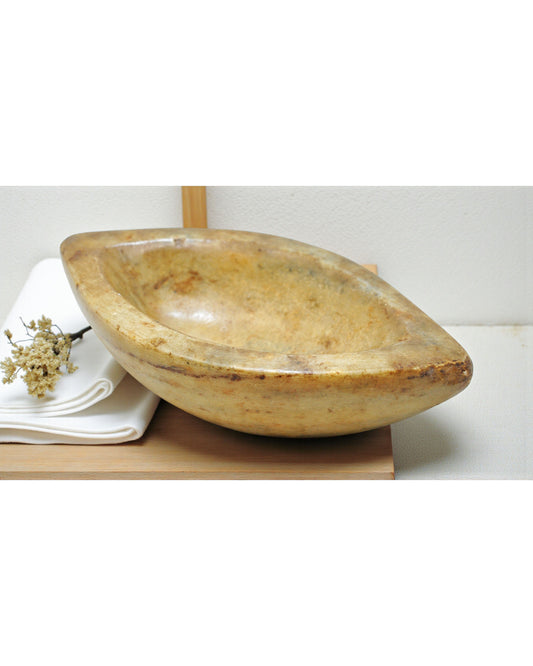 Antique White Marble Oval Kharal Bowl Original Old Hand Carved