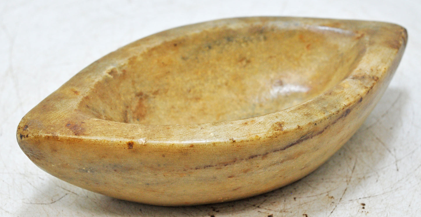 Antique White Marble Oval Kharal Bowl Original Old Hand Carved