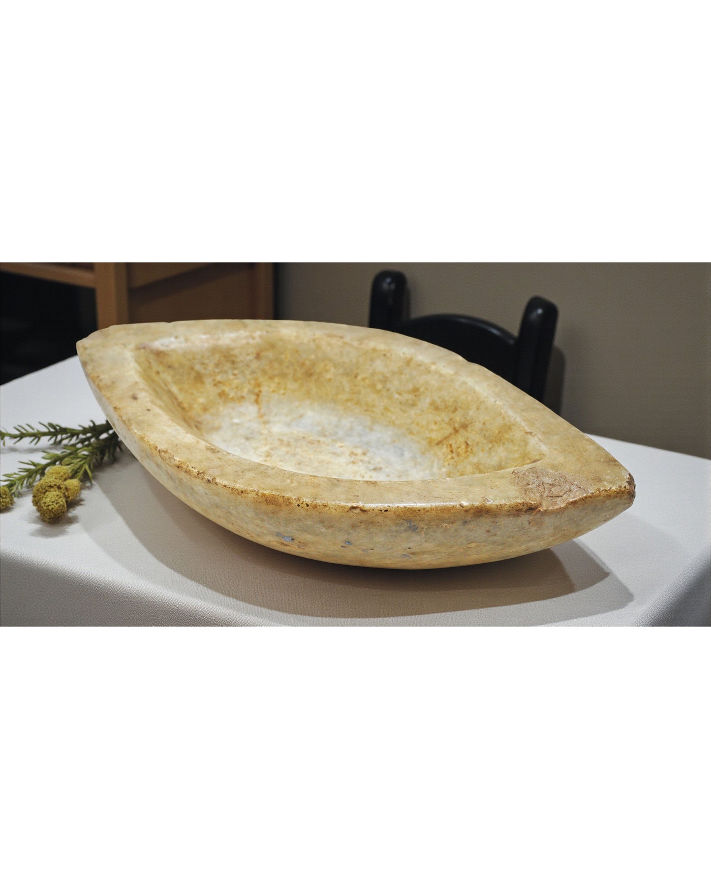 Antique White Marble Oval Kharal Bowl Original Old Hand Carved