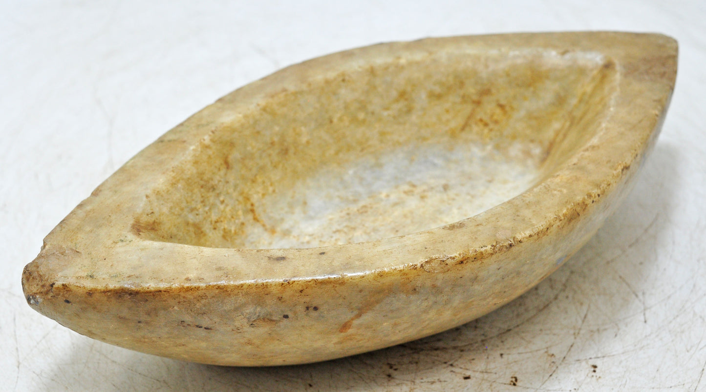 Antique White Marble Oval Kharal Bowl Original Old Hand Carved