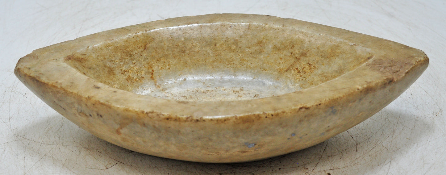 Antique White Marble Oval Kharal Bowl Original Old Hand Carved