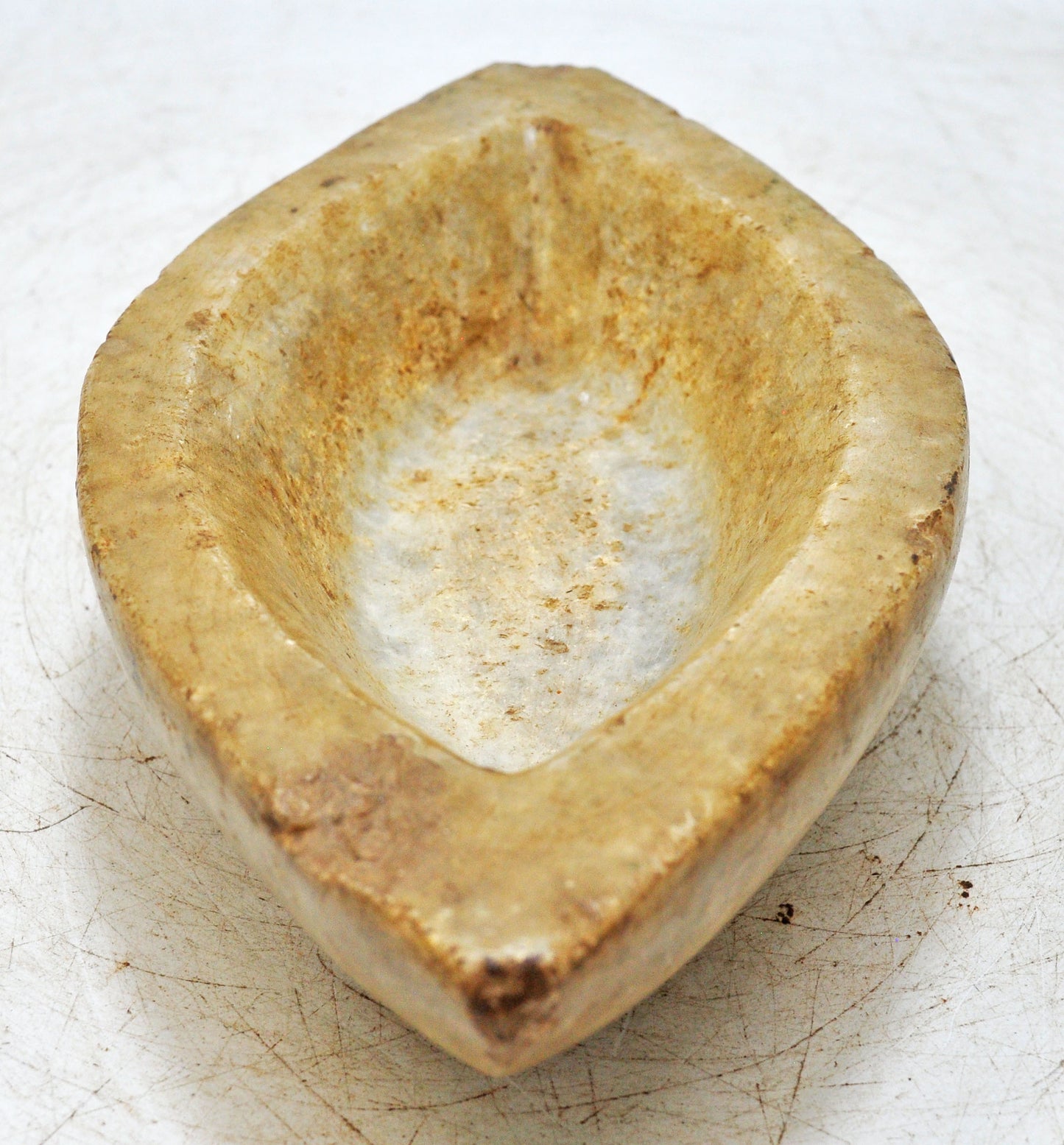 Antique White Marble Oval Kharal Bowl Original Old Hand Carved