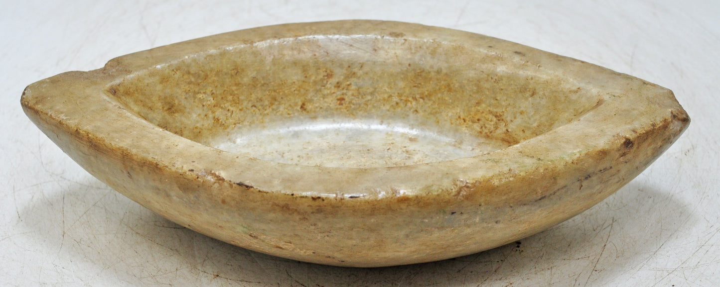 Antique White Marble Oval Kharal Bowl Original Old Hand Carved