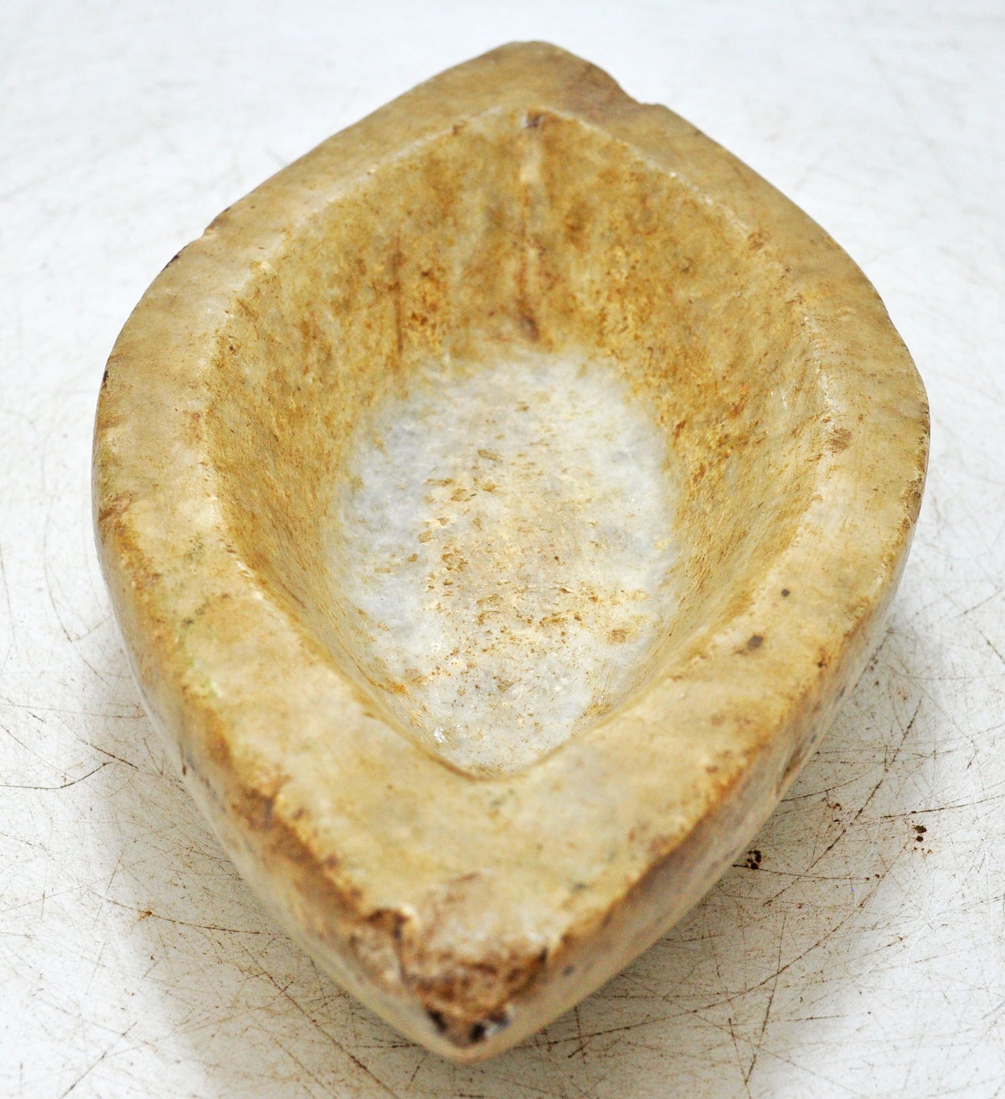 Antique White Marble Oval Kharal Bowl Original Old Hand Carved