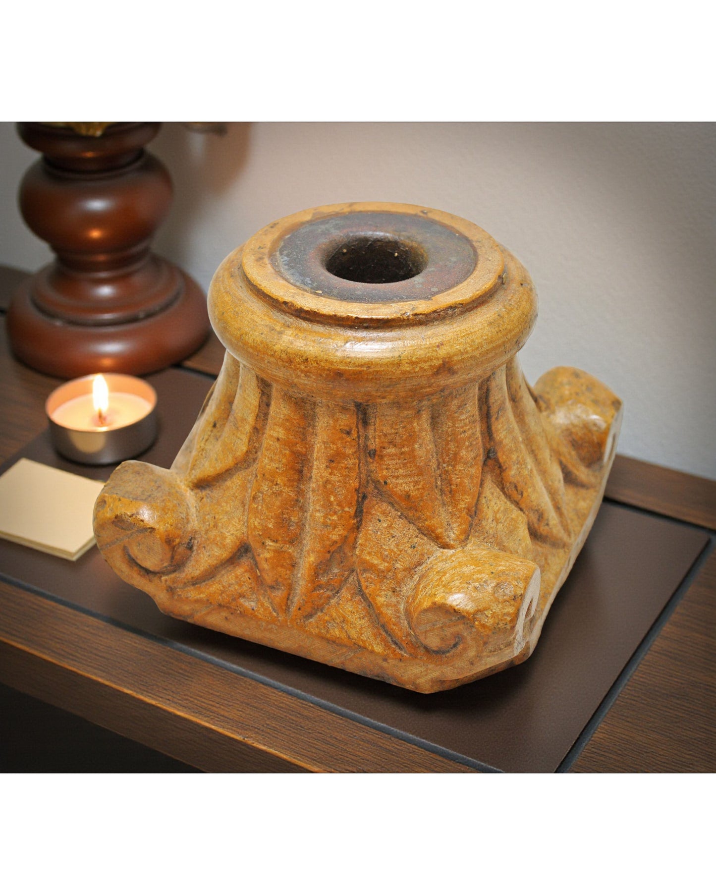 Vintage Yellow Sand Stone Candle Holder Stand Original Old Hand Carved