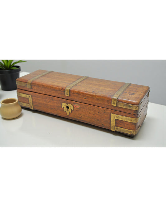 Vintage Wooden Pencil Stationary Box Original Old Hand Crafted Brass Fitted