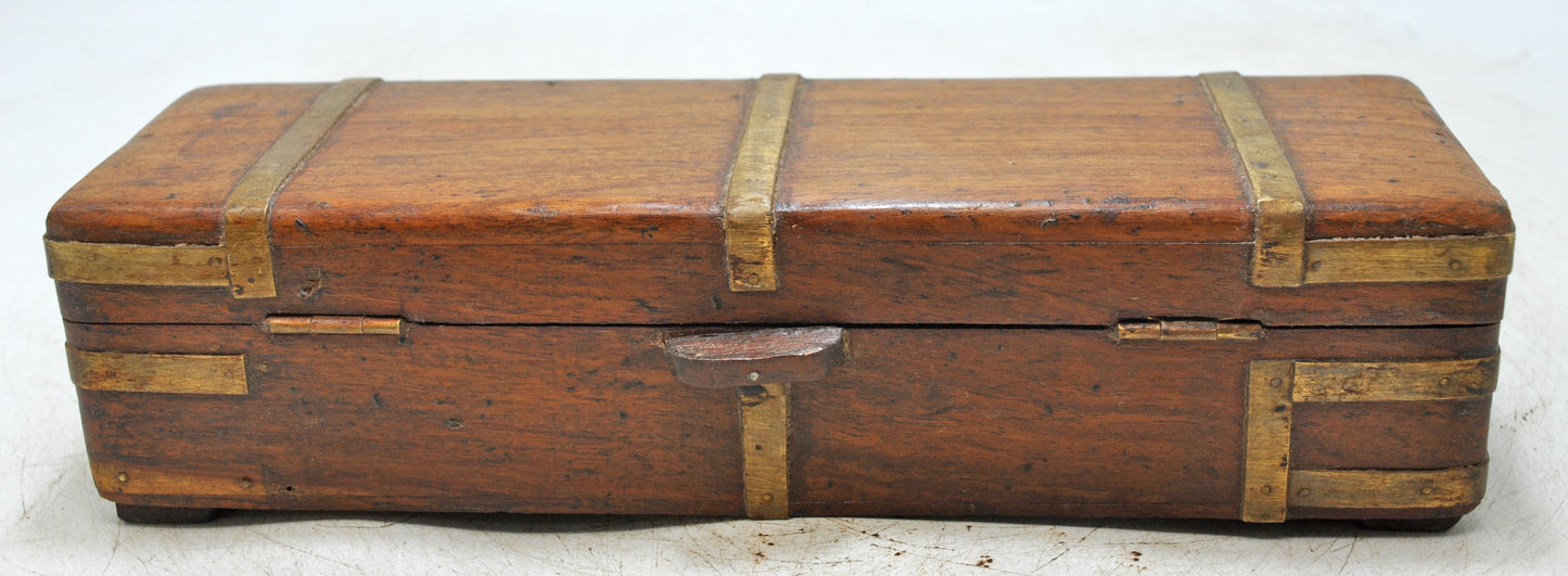 Vintage Wooden Pencil Stationary Box Original Old Hand Crafted Brass Fitted